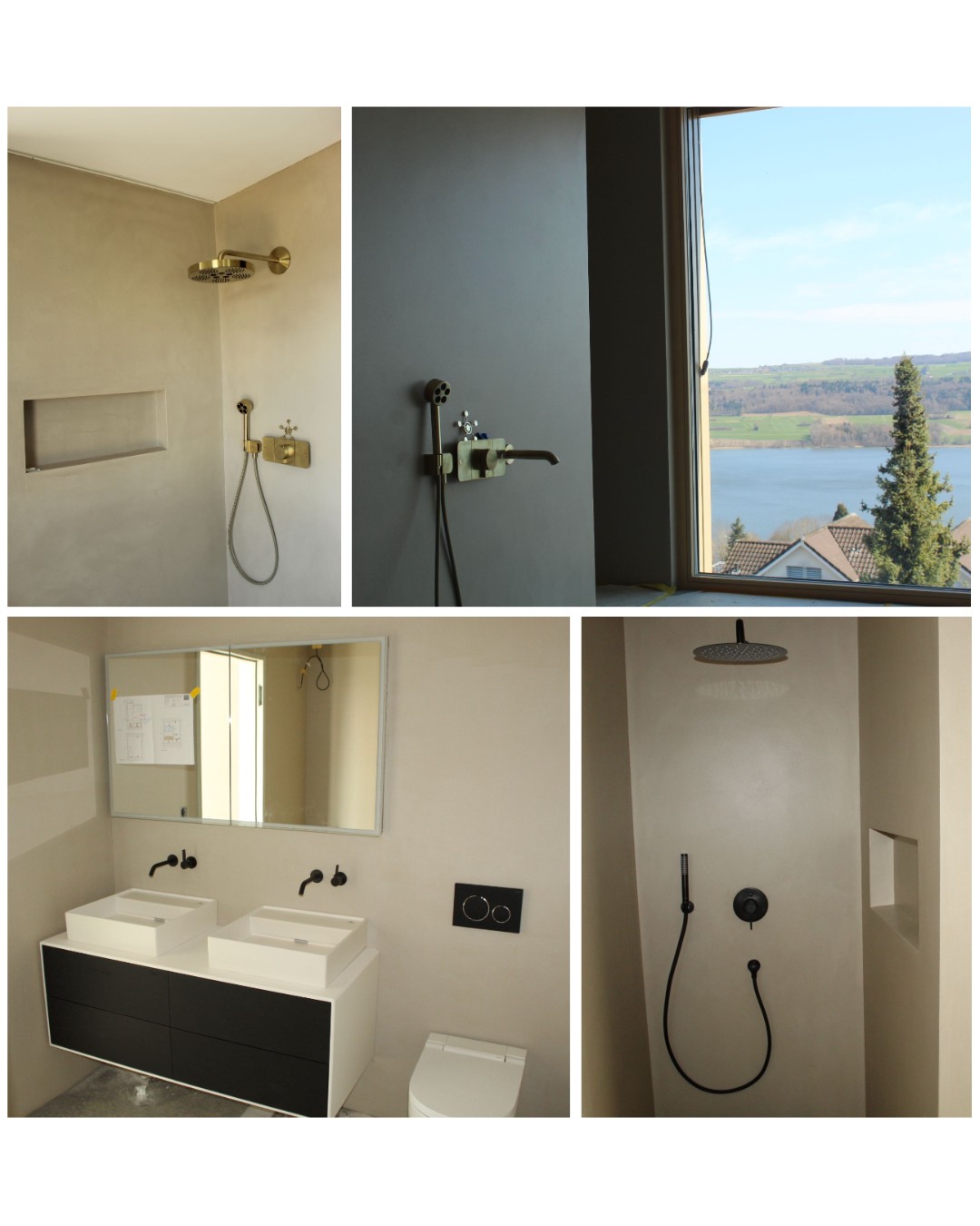 Fertige Badezimmer mit Dusche, Doppelwaschtisch und Seeblick