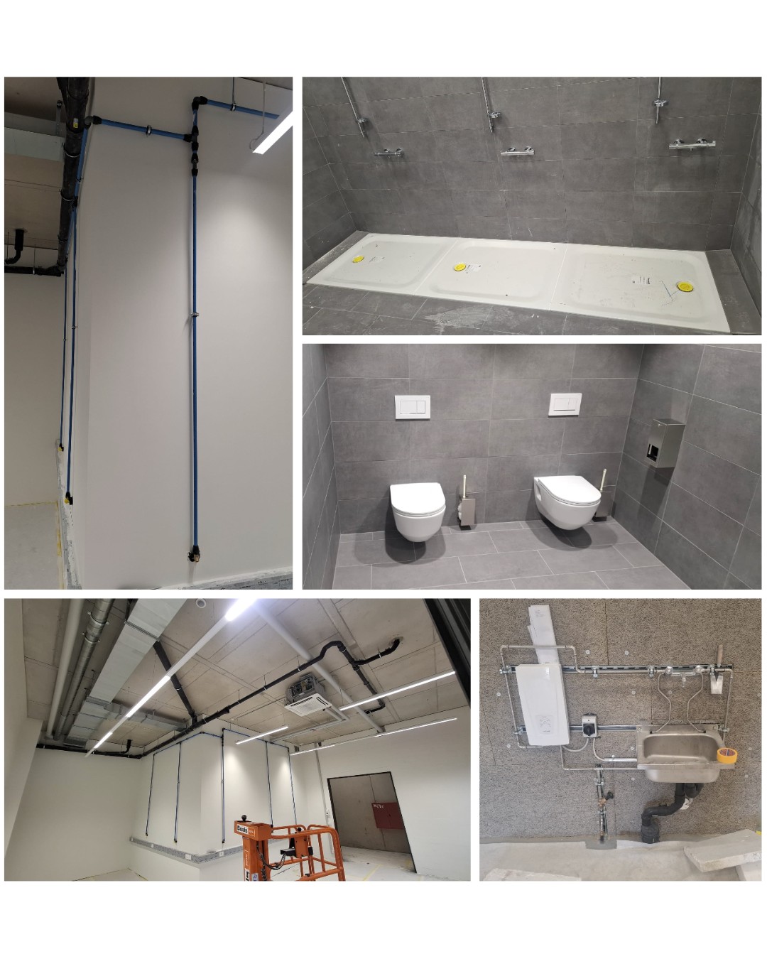Sanitärräume mit Duschwanne, WCs und sichtbaren Leitungen